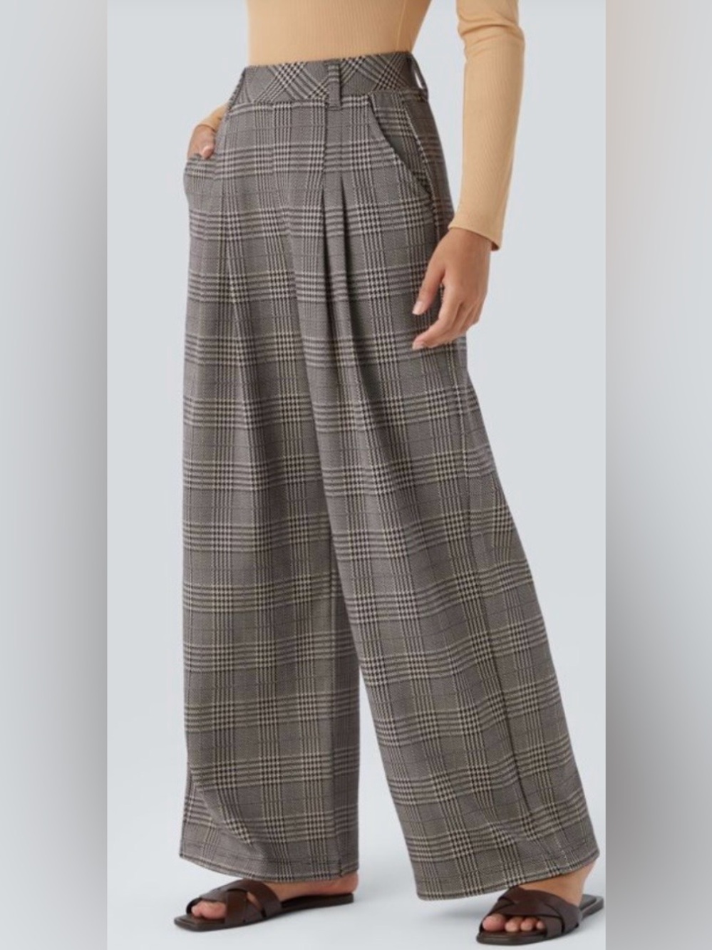 XLARGE. HALARA HIGH WAISTED HOUNDSTOOTH  PLAID WORK PANTS
